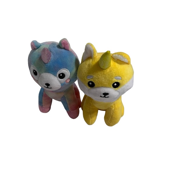 Pomkinz Pet Pals Tie Dye Yellow Plush Unicorn Dogs 7" Stuffed Animal Lot of 2 - Picture 1 of 7